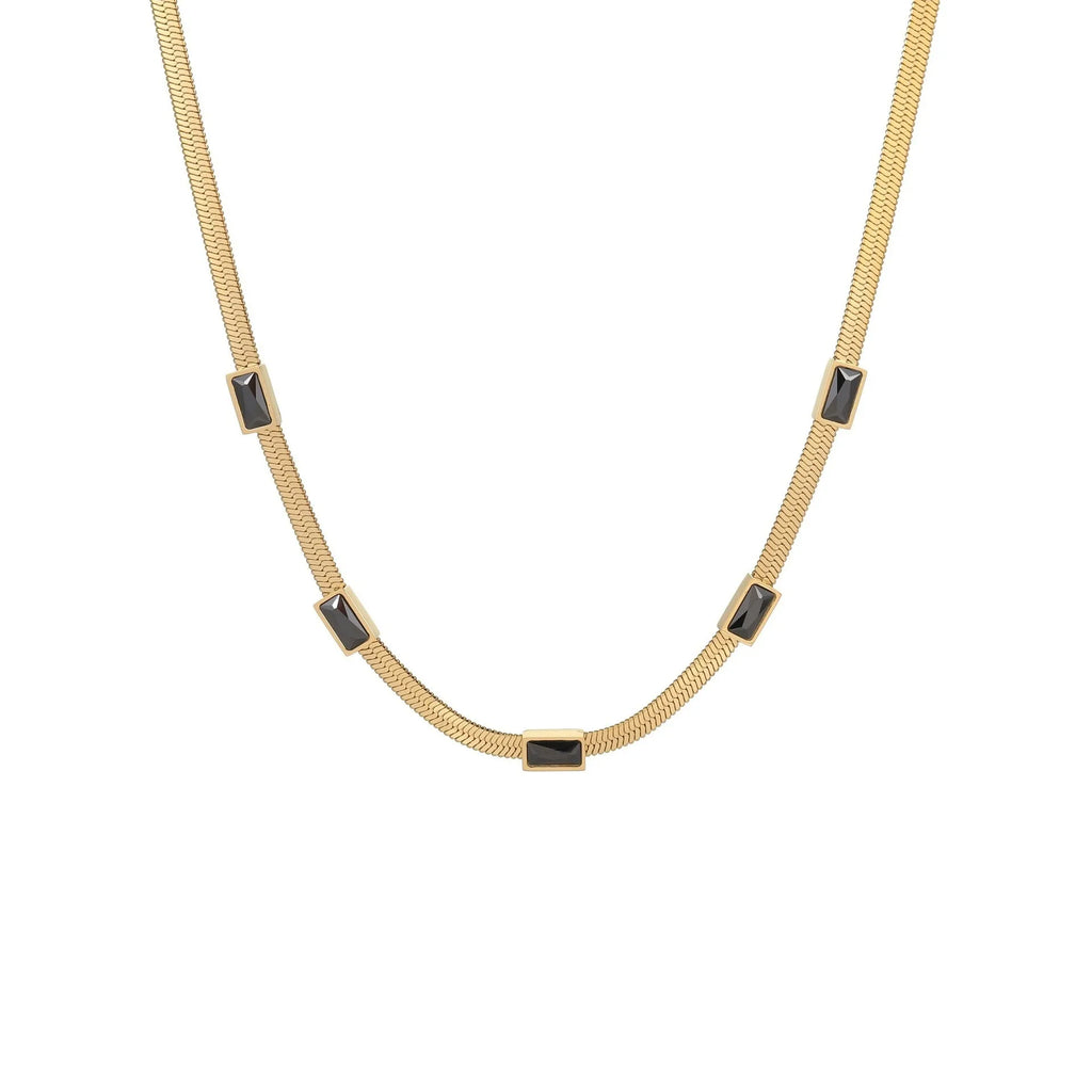Retro geometric square zircon stainless steel necklace with flat snake chain in gold or steel colours