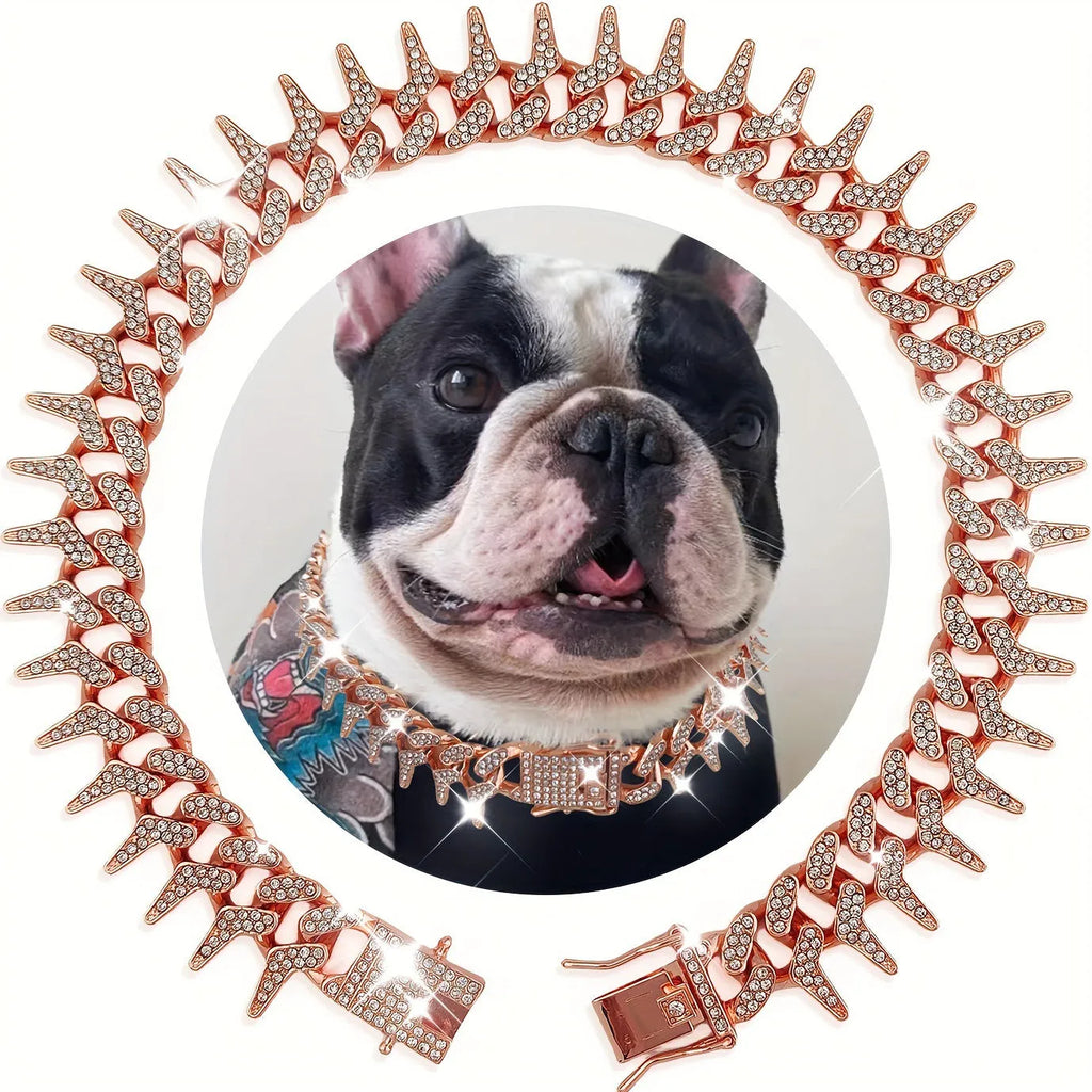 Diamond pet neckband necklace in gold with plaid pattern on a zinc alloy band, suitable for small to large pets.