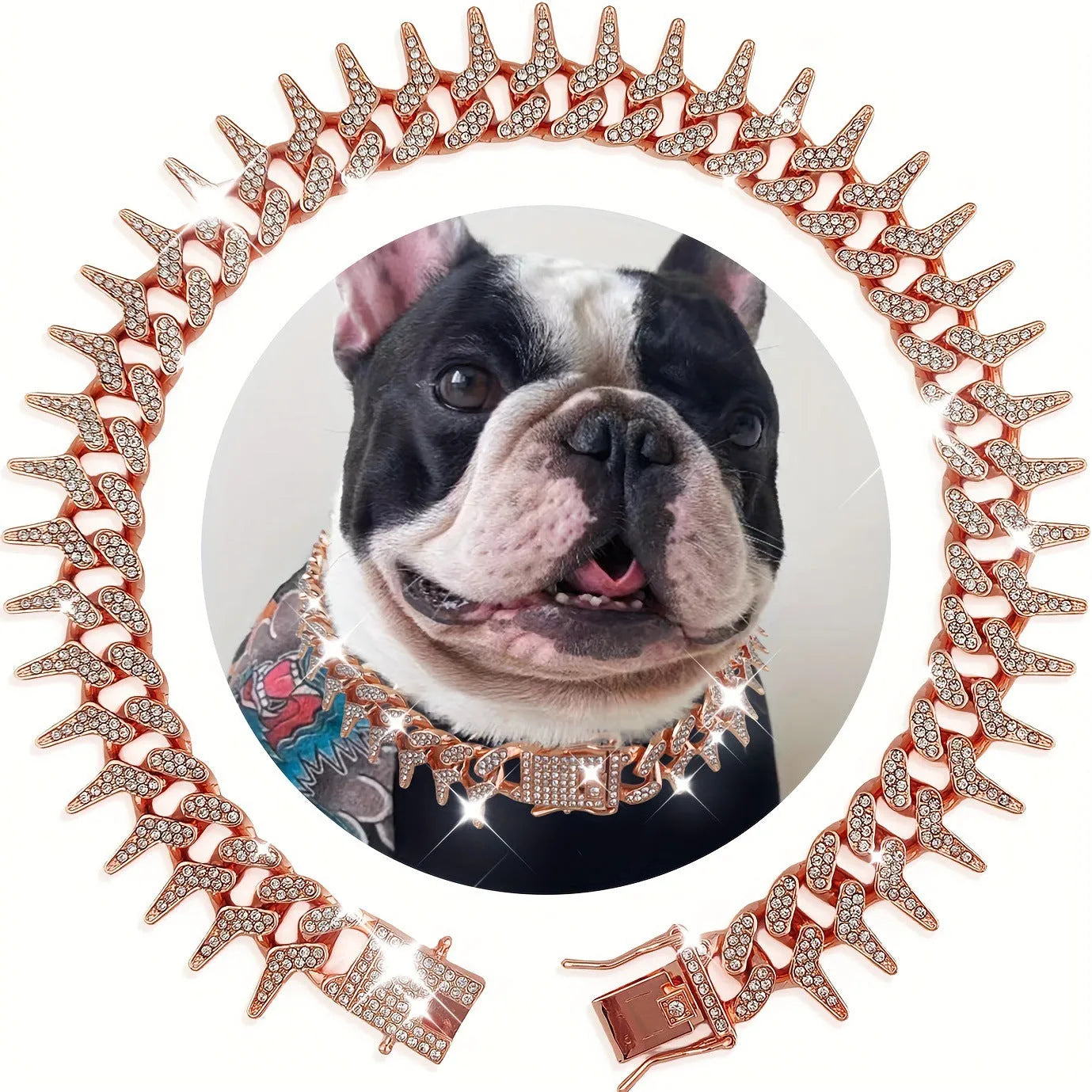 Diamond pet neckband necklace in gold with plaid pattern on a zinc alloy band, suitable for small to large pets.