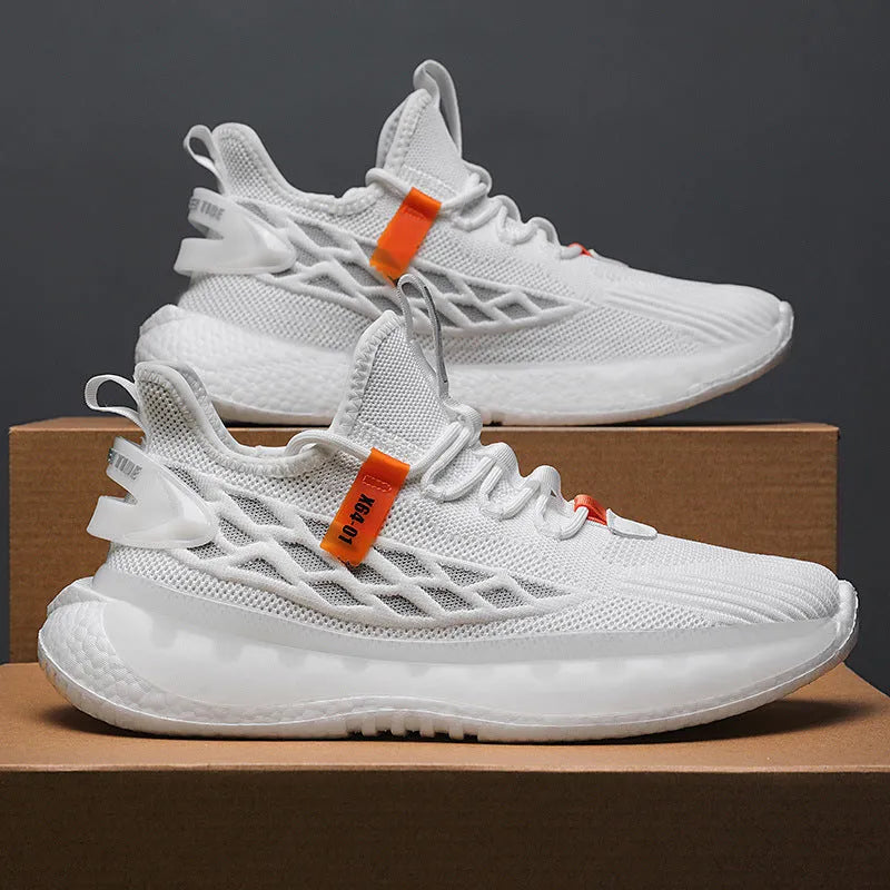 Men's white mesh platform sneakers with flat rubber sole and lace-up design