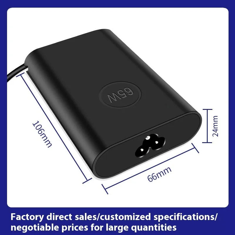 Black oval 65W Type-C laptop power adapter with multiple international plug configurations