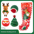 Christmas dog toy set showing vinyl bite-resistant toys in festive shapes including trees, balls, and reindeer