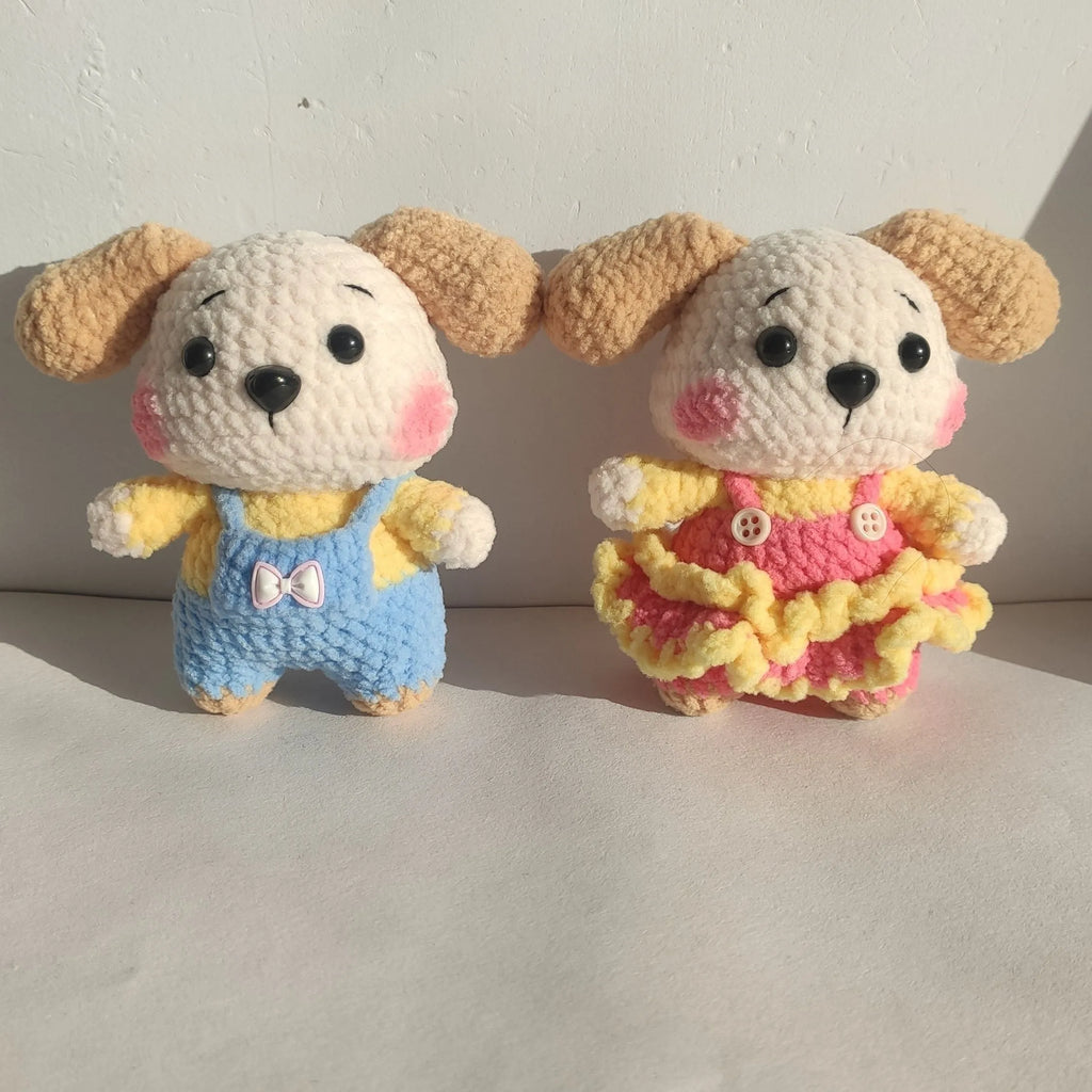 Handmade wool zodiac dog pendant charm on a keychain in pinafore dress style