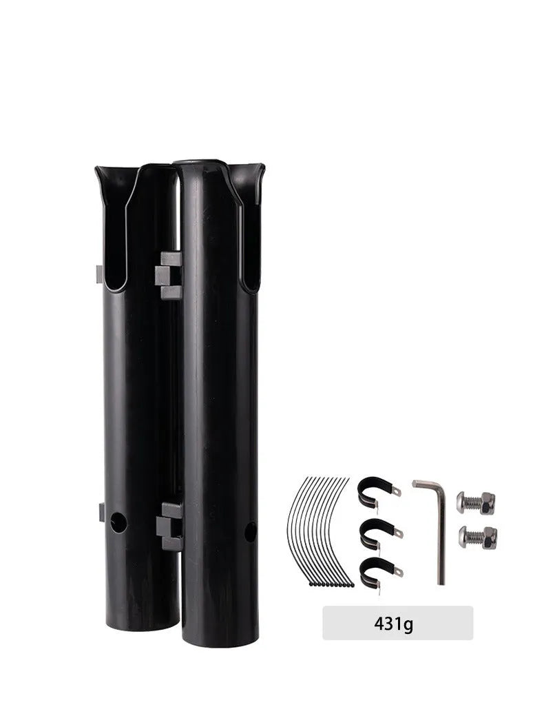Plastic fishing rod rack with pipe clamp mounted on a bicycle frame