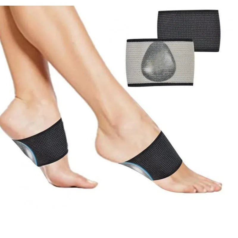 Elastic arch support bandage for flat feet with heart-shaped PU pad in two colour styles.