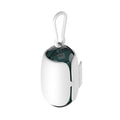 White and grey space capsule dog poop bag dispenser clipped to a leash with translucent ends showing bags inside