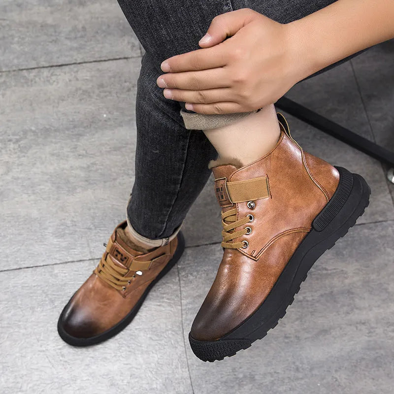 Black and brown high-top platform Martin boots for men with artificial PU leather upper and rubber sole