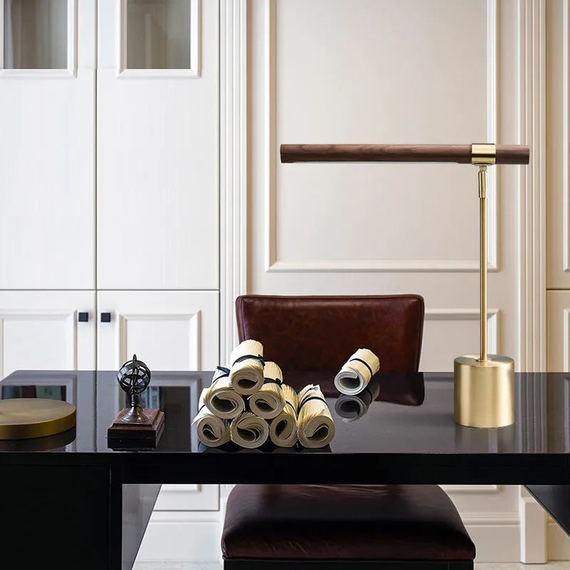 Nordic wood grain desk lamp with iron holder on a white surface, showing warm light and white light modes