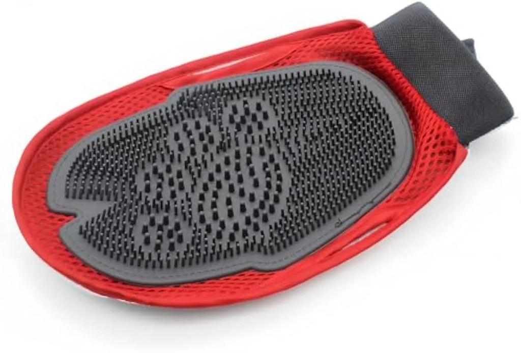 Red pet bathing glove with integrated brush surface for grooming dogs and cats