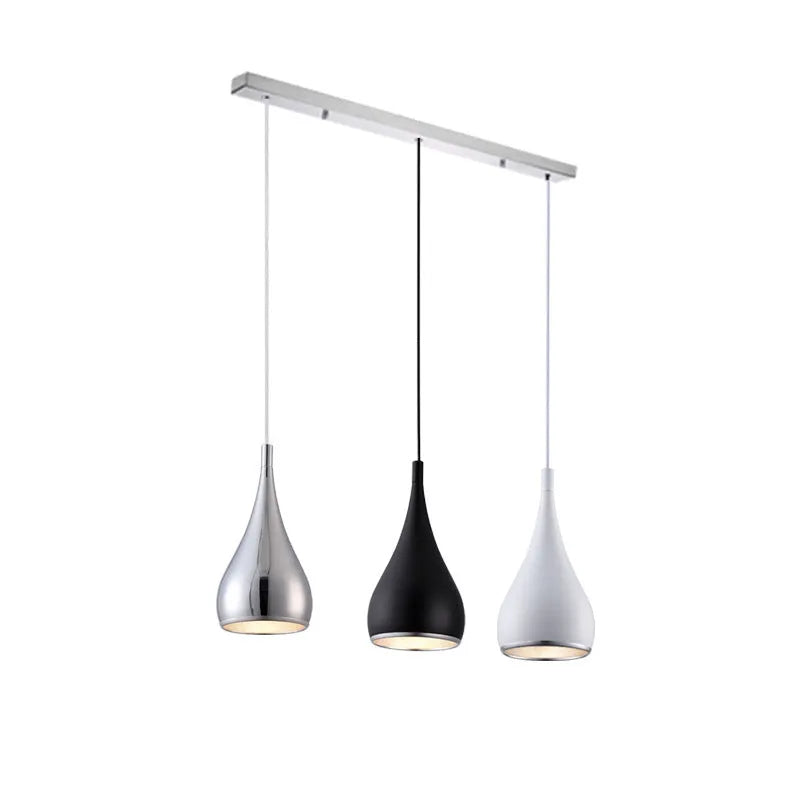 Minimalist iron chandelier in black finish with three bulb heads on a long platter base.