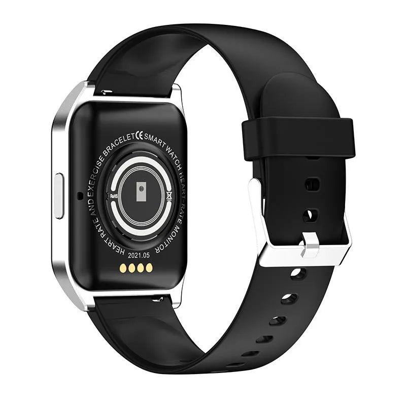 Black smartwatch with 1.69-inch screen showing heart rate display and Bluetooth connectivity