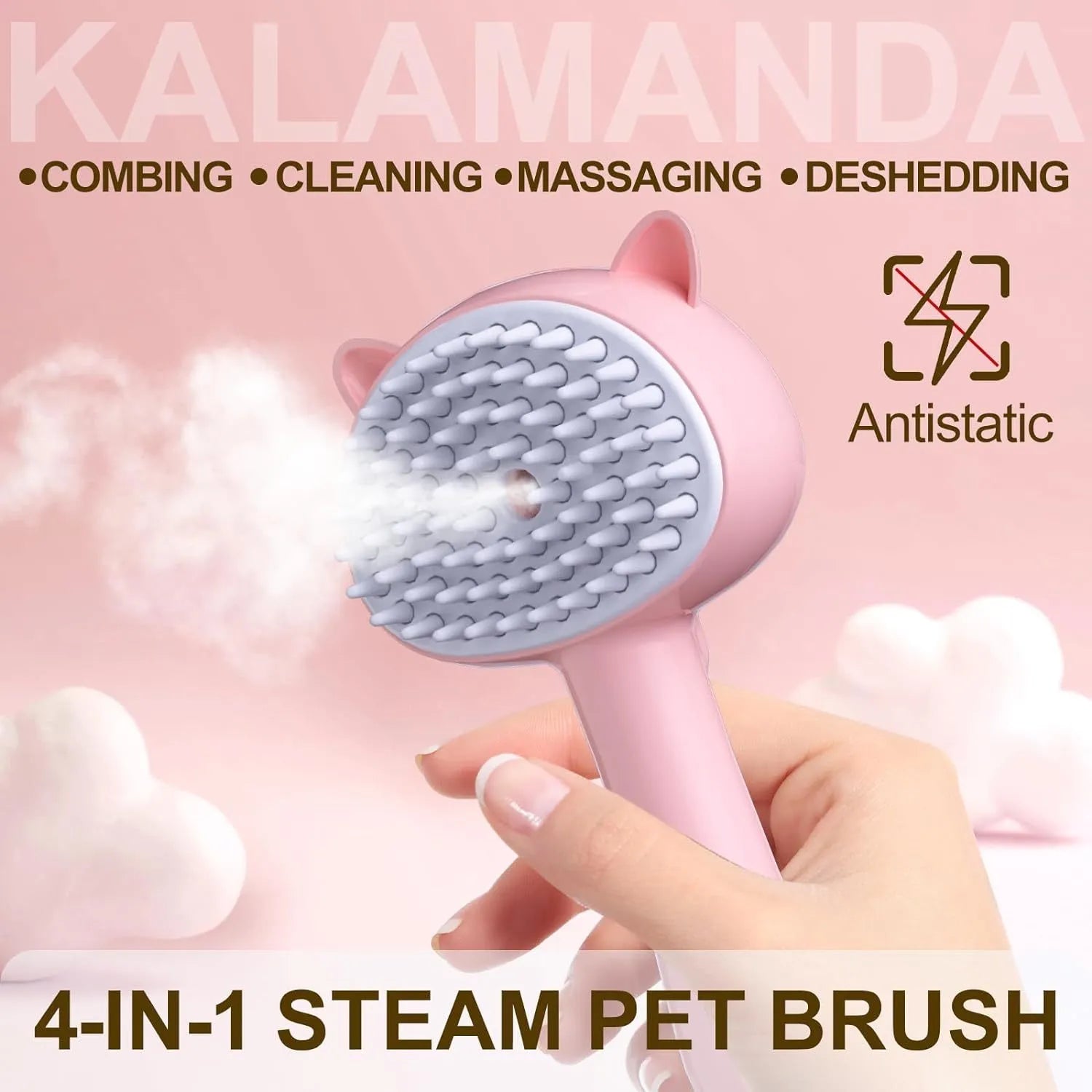 Blue cat steam brush with cat ear design and rubber bristles for pet grooming