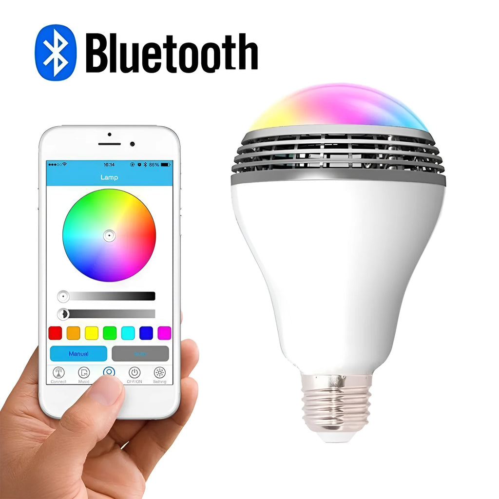 LED Smart Bluetooth Speaker E27 bulb light with white housing, showing E27 base and PC material construction.