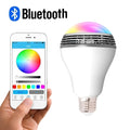 LED Smart Bluetooth Speaker E27 bulb light with white housing, showing E27 base and PC material construction.