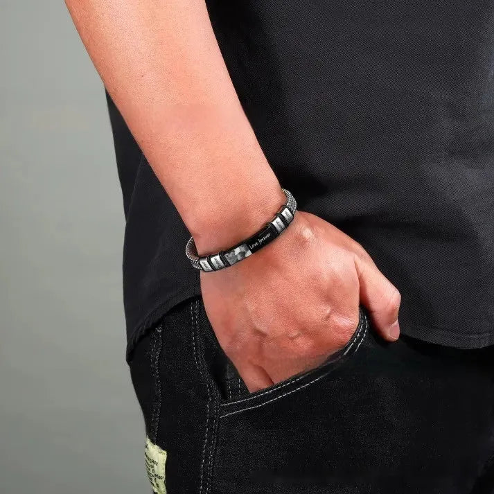 Men's titanium steel lettering bracelet with leather rope and heart-shaped beads in gift box