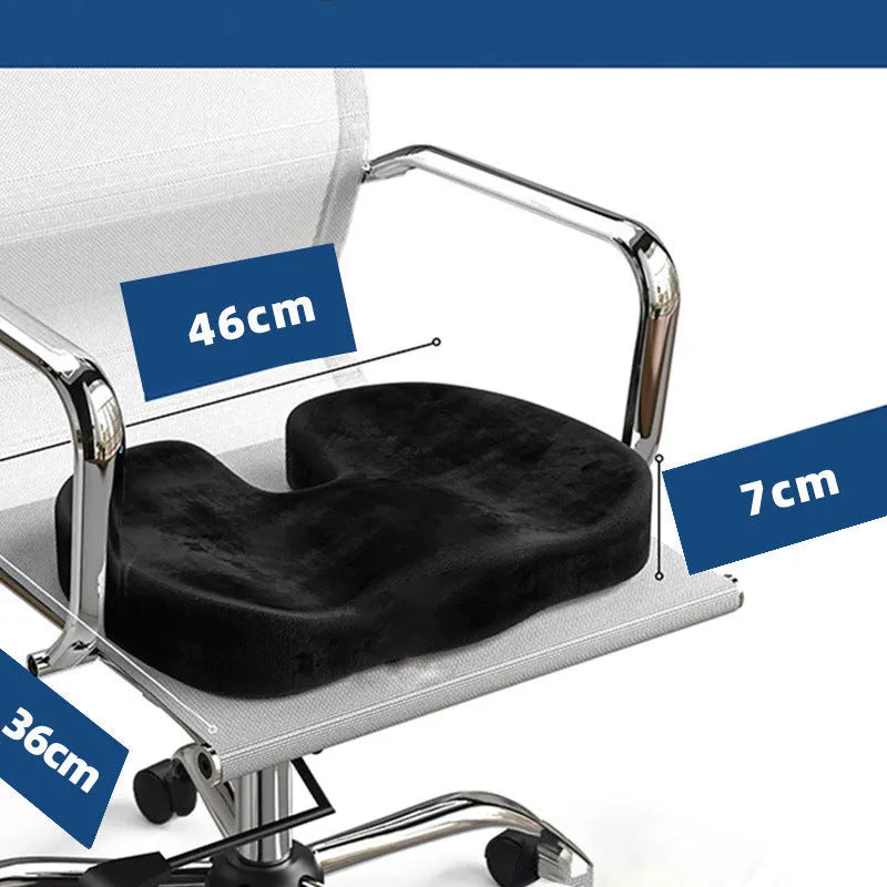 Black flannel U-shaped memory foam seat cushion for office chair comfort.
