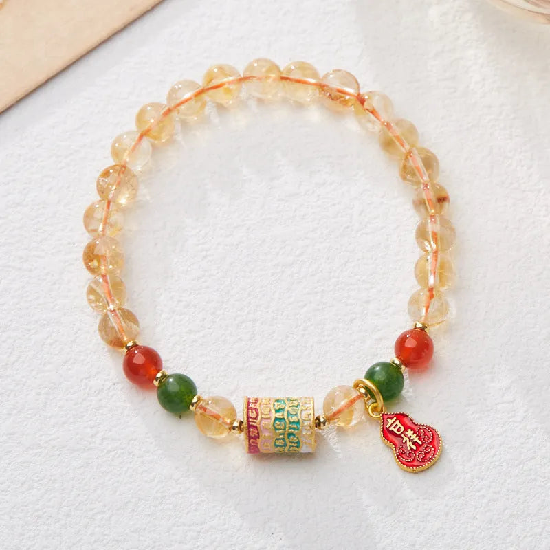 Hand-woven citrine crystal bracelet with five-sutra geometric pattern and 6mm beads