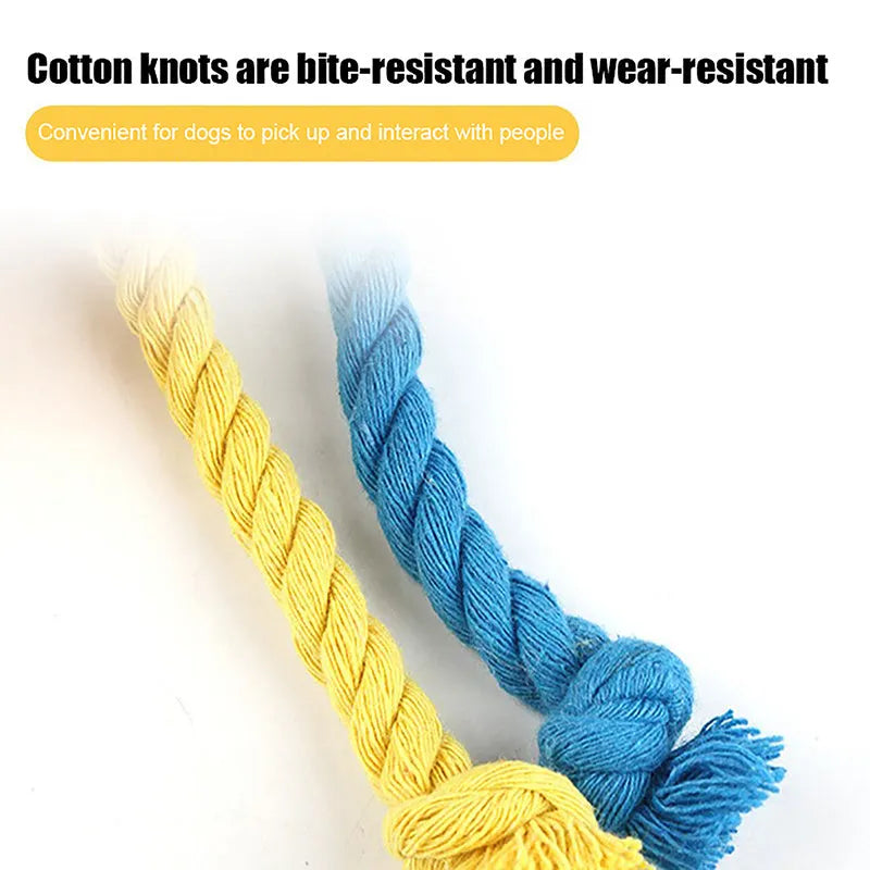 Blue and yellow elastic football dog toy with cotton rope for tug-of-war and chewing.