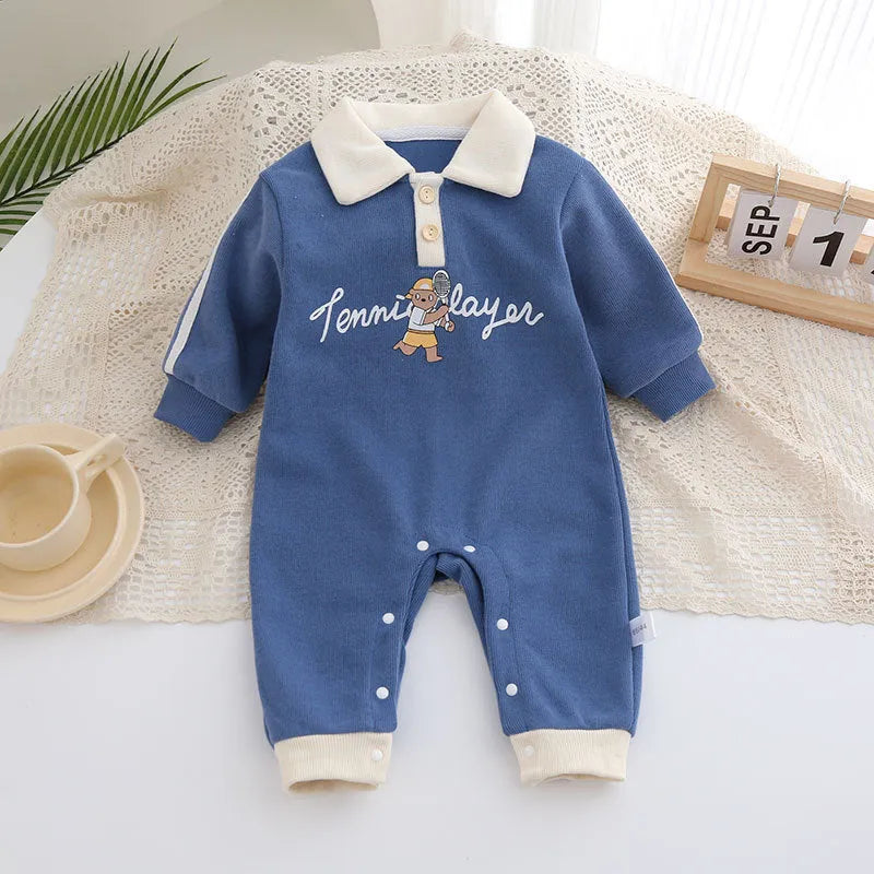Cotton long-sleeved jumpsuit for babies, blue and milky white, suitable for heights 59cm to 90cm