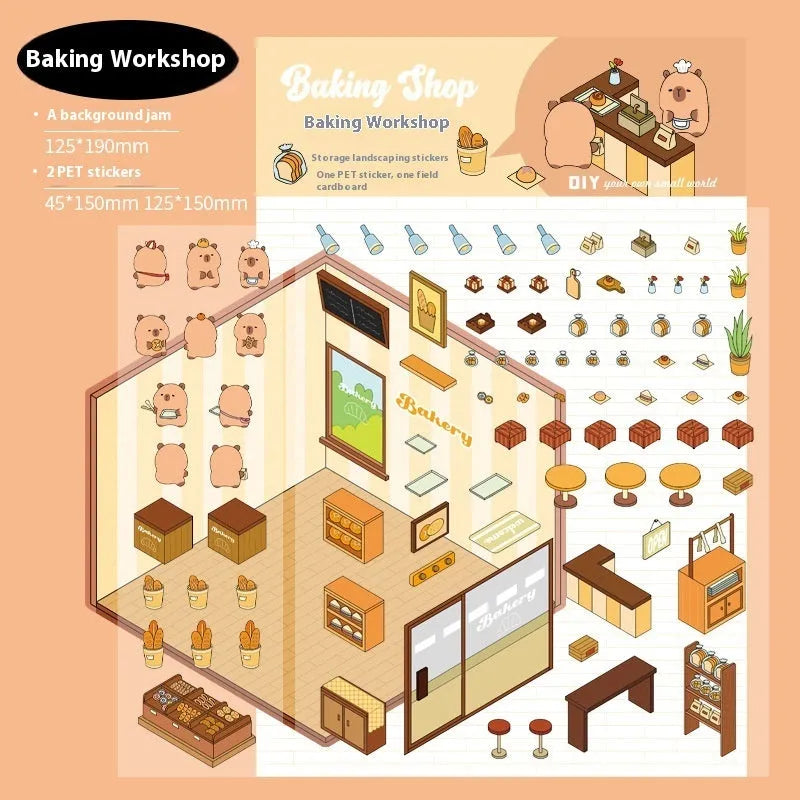 Capabala pre-cut three-dimensional cartoon shop landscape stickers in eight colour themes on a PET sheet.