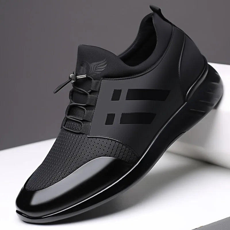 Men's black casual shoes with a chunky rubber sole and round toe, available in leather or mesh.