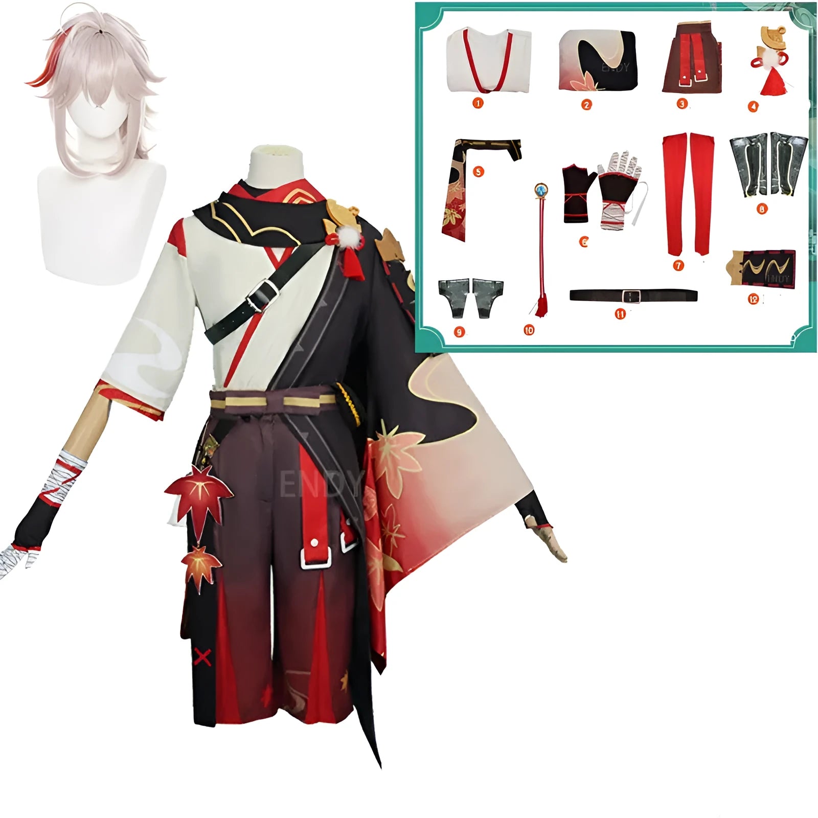 Halloween cosplay costume set with wig, coat, shorts, leggings, gloves, and accessories in cotton-polyester blend.
