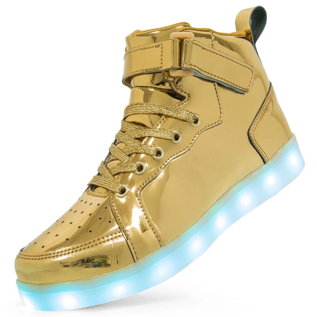 LED light-up high-top sneakers with Velcro strap in various colours on a solid background