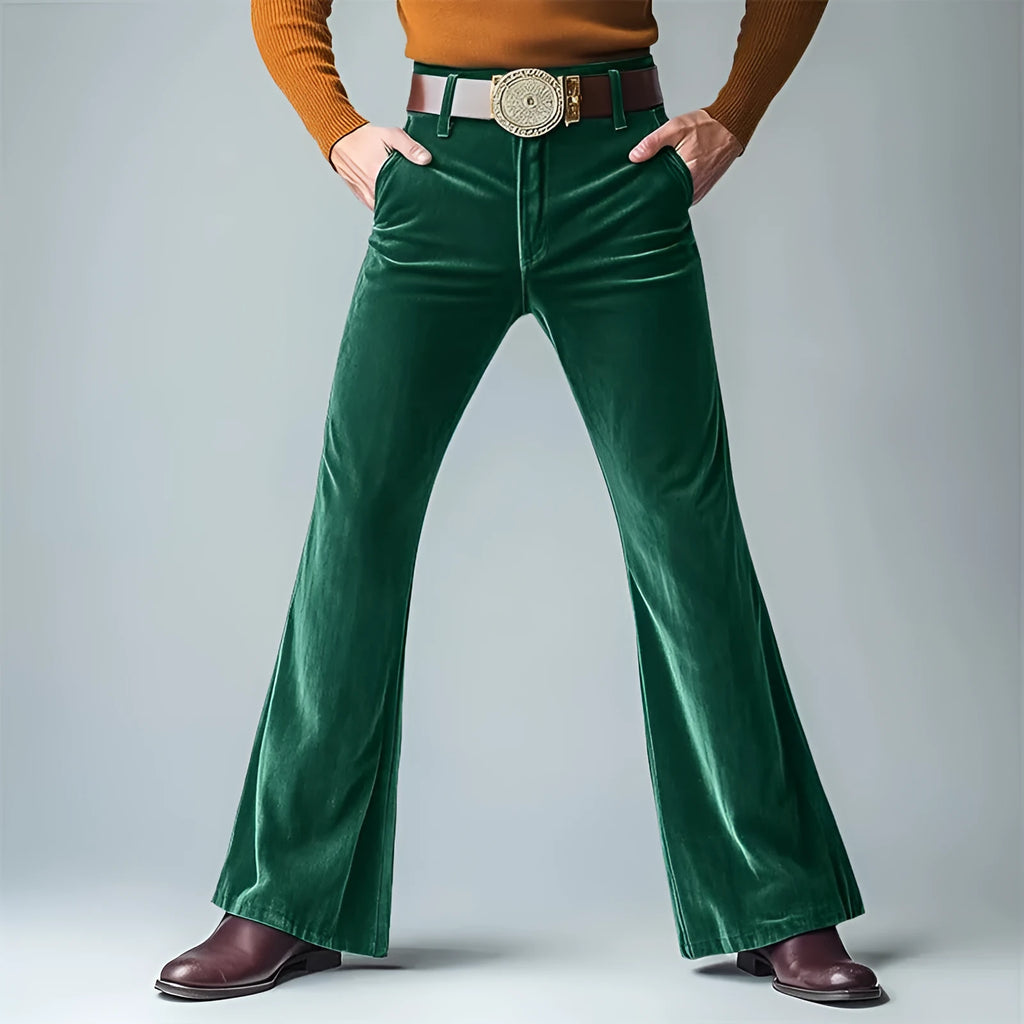 Men's gold velvet slim flared suit pants in black colour for formal banquet wear
