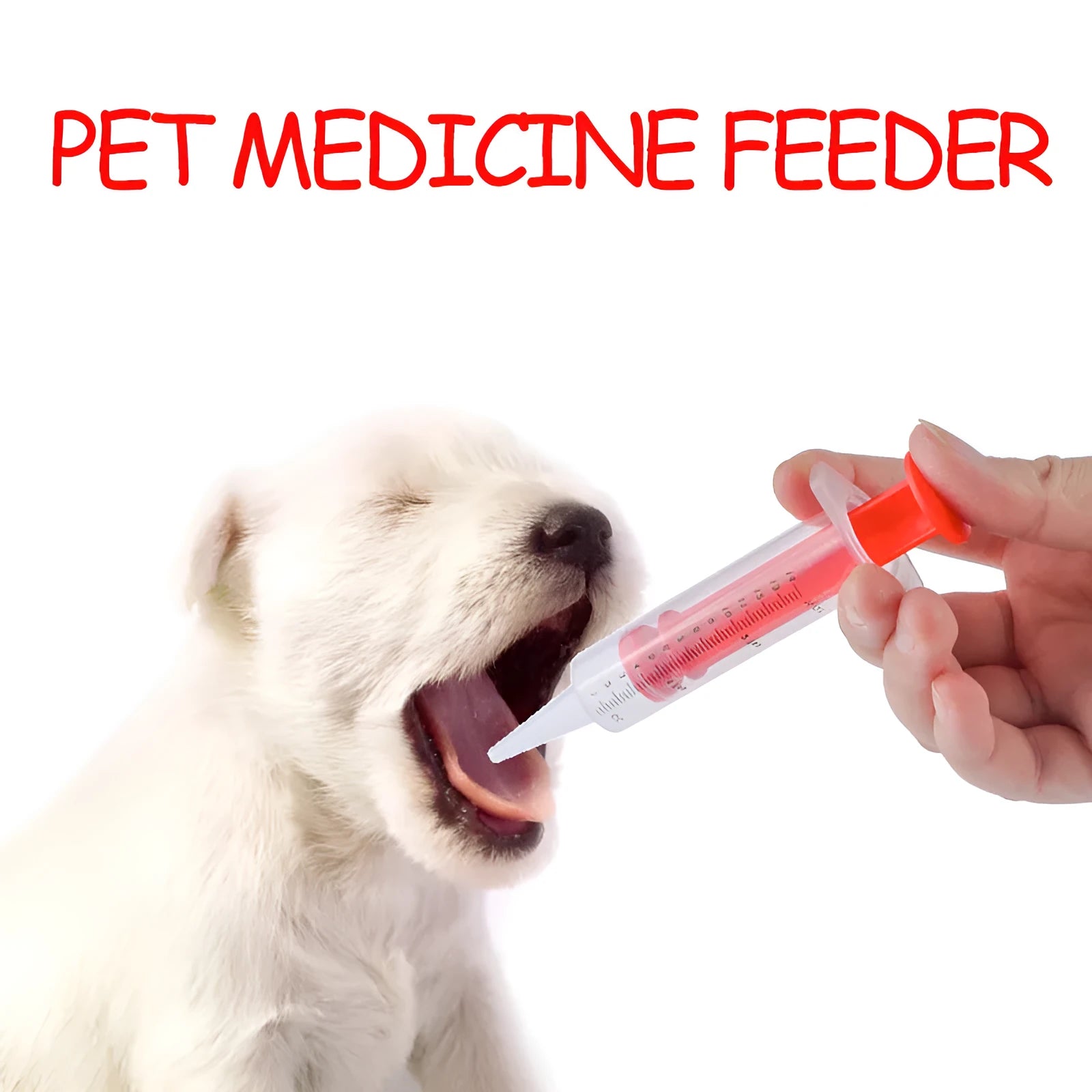 Two pet pill shooter syringes with soft tips, one larger and one smaller, for administering medication to cats and dogs.