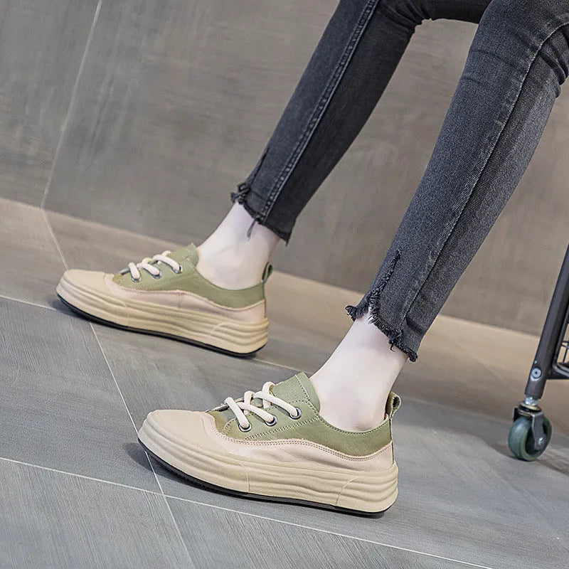 Women's leather platform sneakers in matcha green, purple, and orange colours with lace-up front and round toe