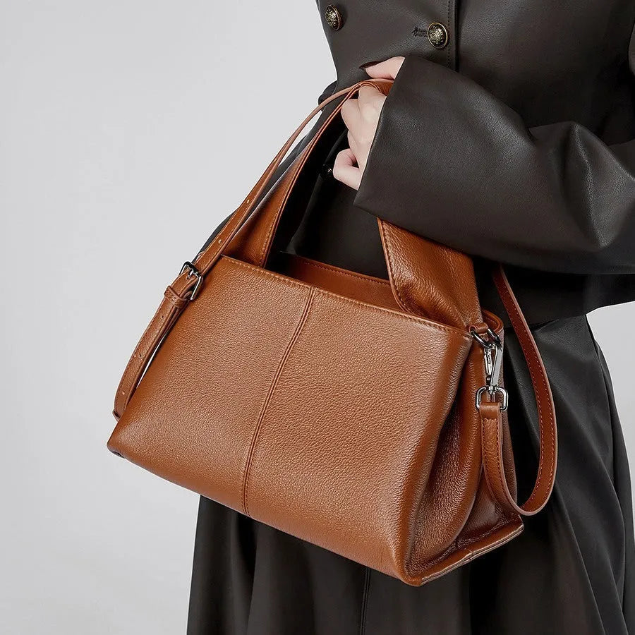 Women's genuine cowhide messenger bag with retro texture in horizontal square shape