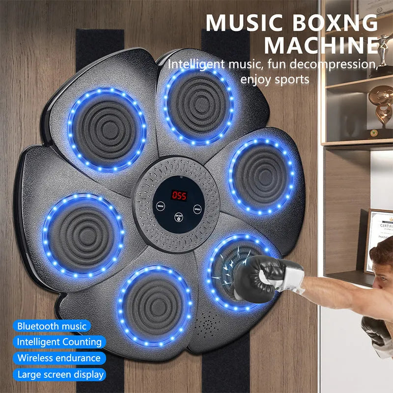 Black smart music boxing machine wall target with Bluetooth and LED lights, includes half-finger boxing gloves