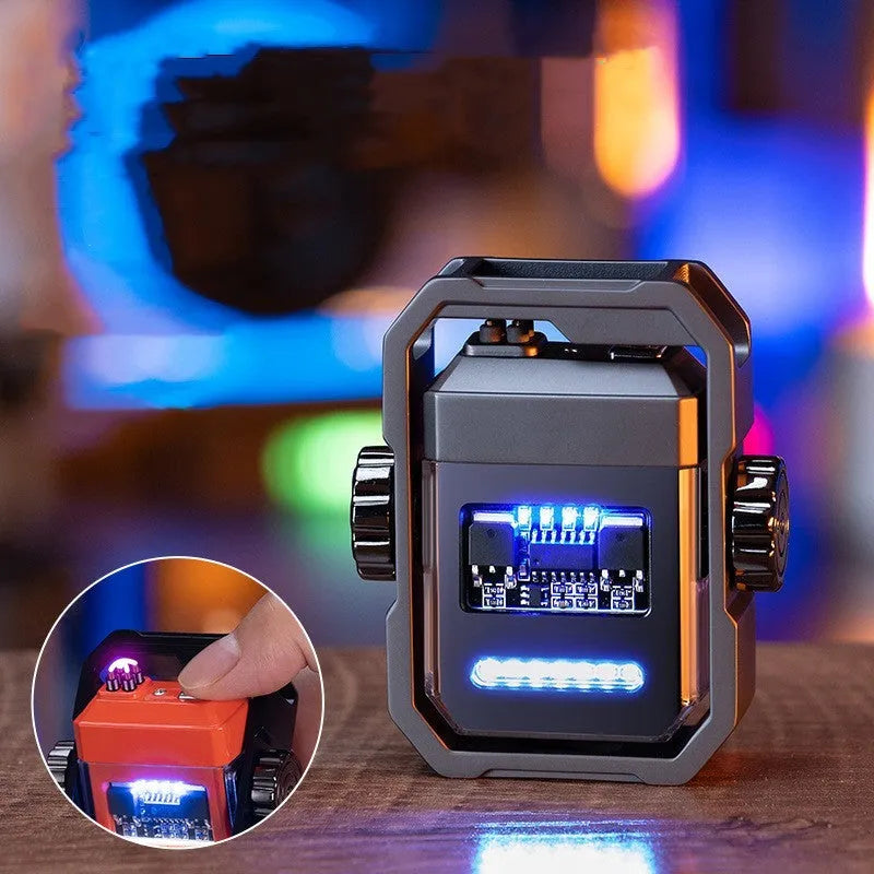 Blue Pulse double arc windproof electric lighter with a visible mechanical gyroscope and a Type-C charging port.