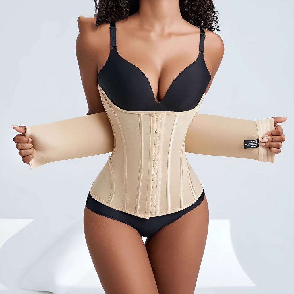 Black nylon belly band waist trainer for tummy slimming and fitness support.