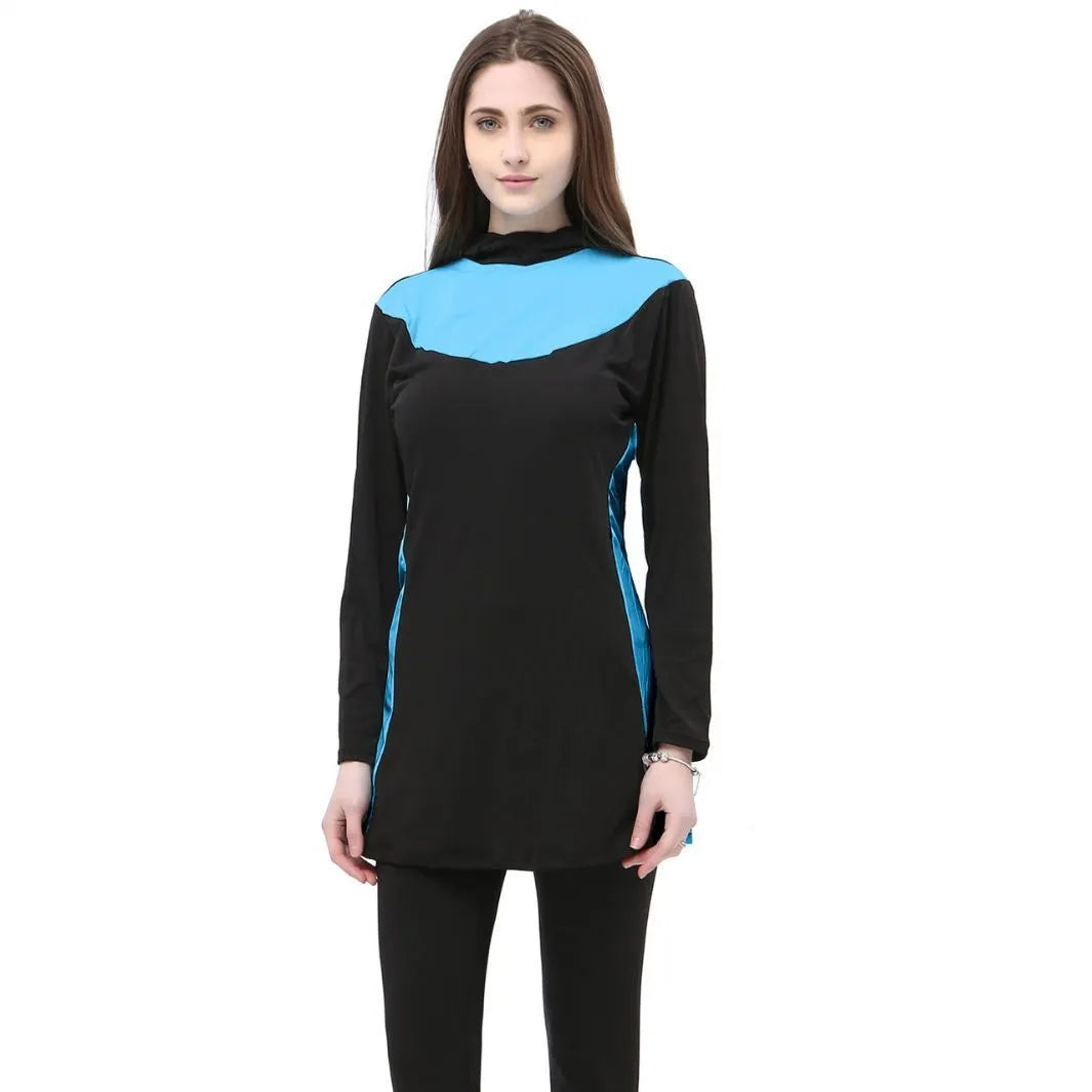 Conservative women's hooded swimsuit with long sleeves and separate top and bottom in black with colour trim