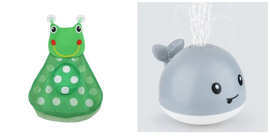 White and blue automatic whale bath toy spraying water with LED lights on, placed in a baby bath.