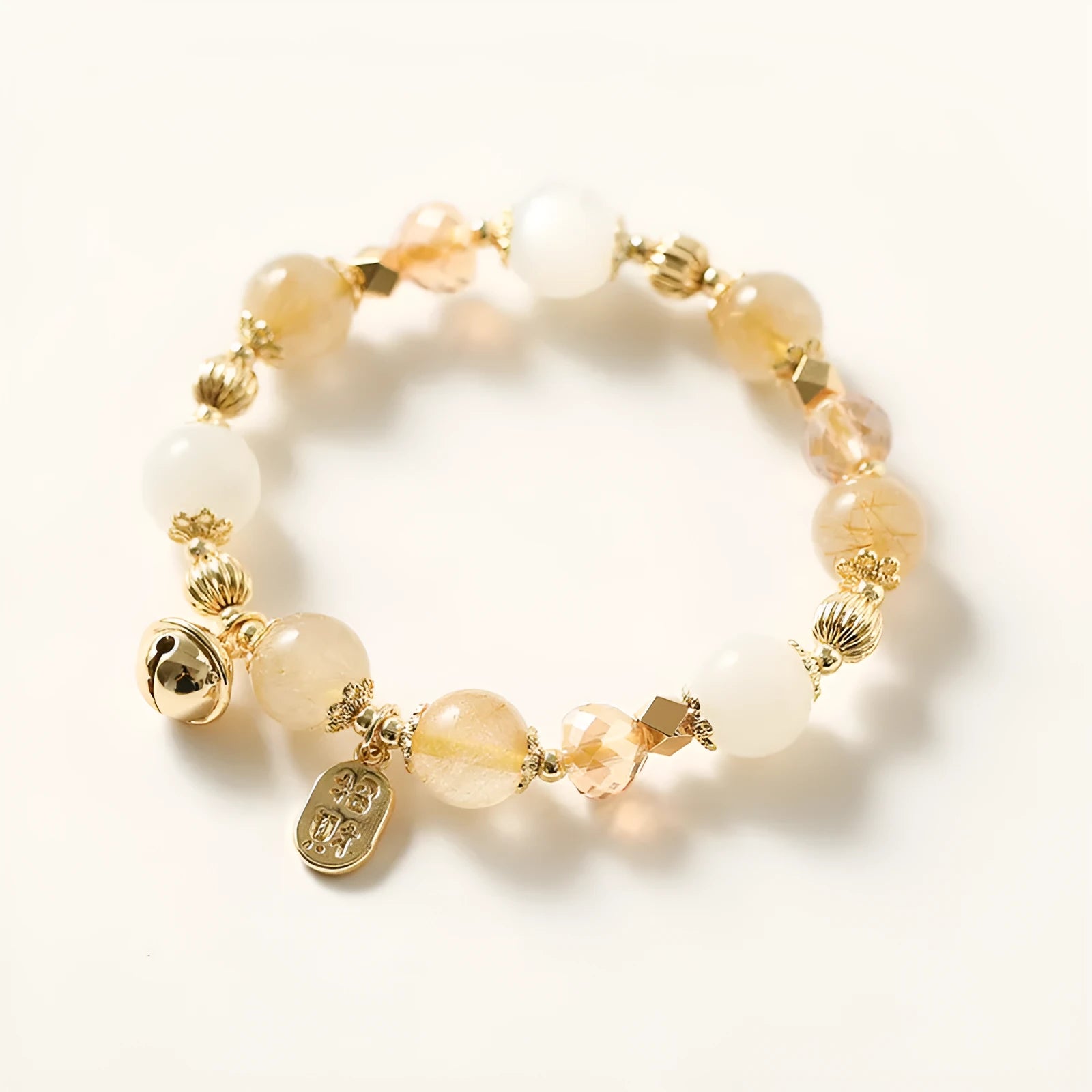 Korean style gold rutilated quartz crystal bracelet with electroplated finish and adjustable design