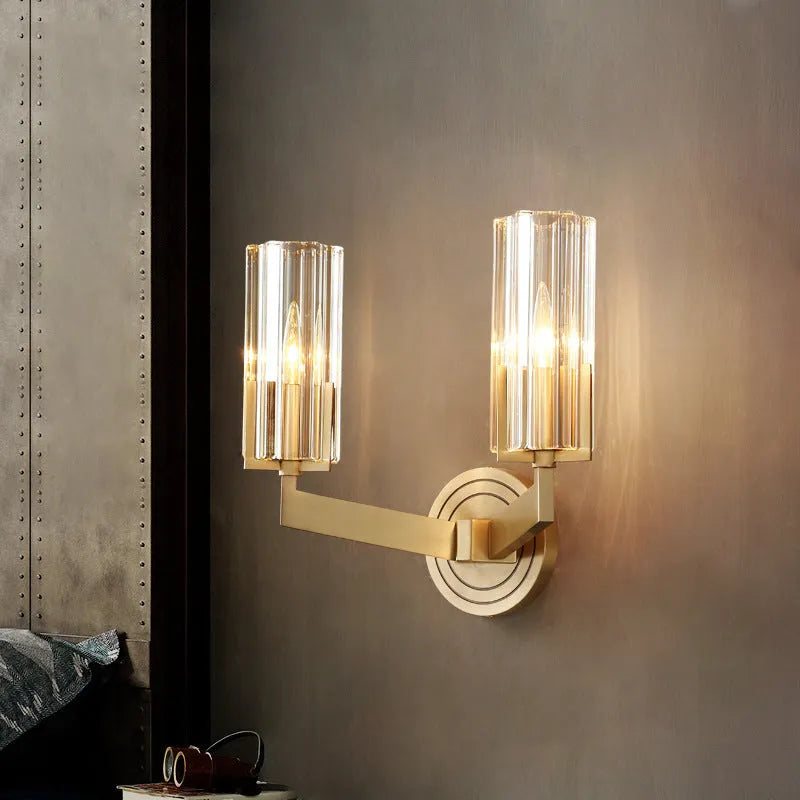 Copper wall lamp with modern minimalist design showing single-head and double-head configuration options