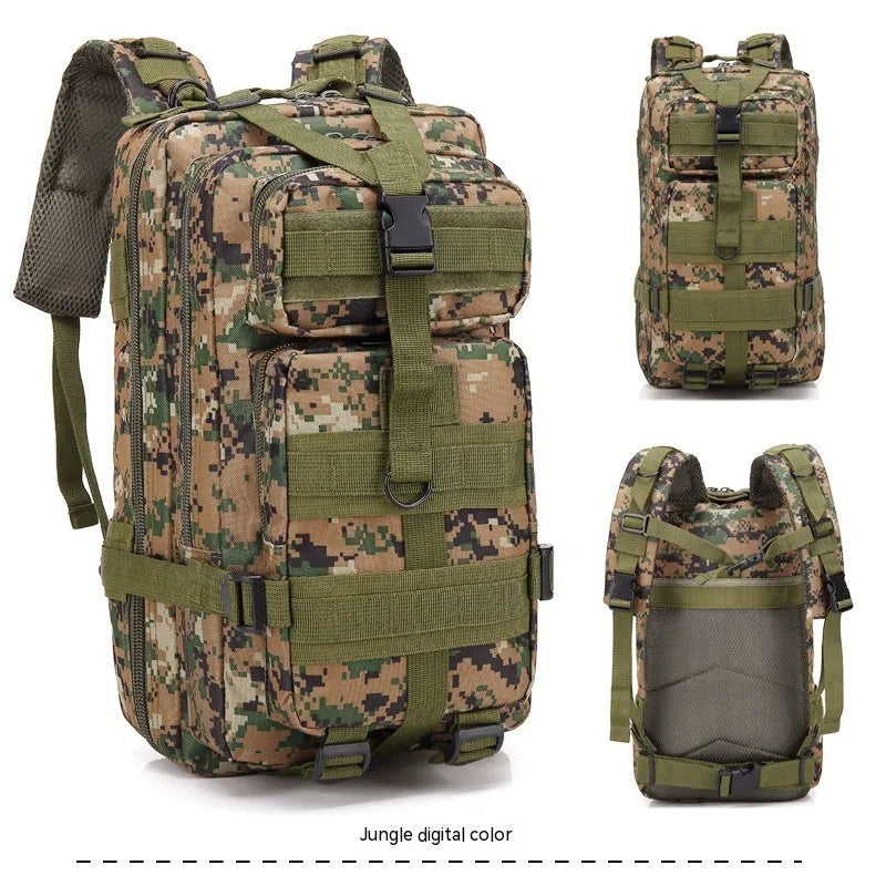 Large khaki coloured off-road hiking backpack with air pillow belt system on a rocky outdoor trail.