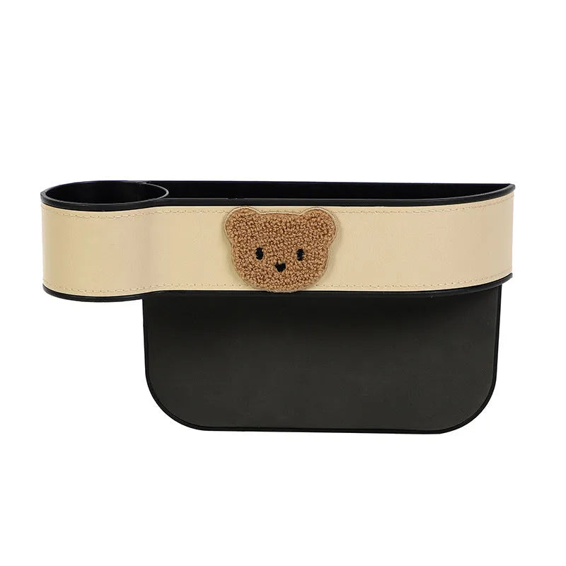 Leather car seat gap storage box with cartoon bear design for organising small items