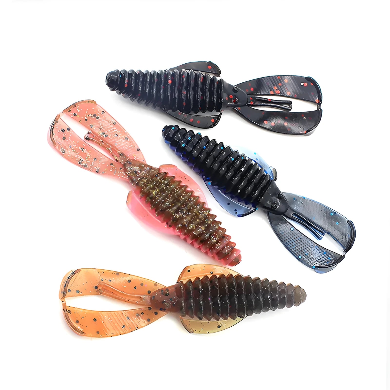 PVC soft plastic fishing lure in multiple colours showing detailed texture, 8cm and 12cm sizes displayed.