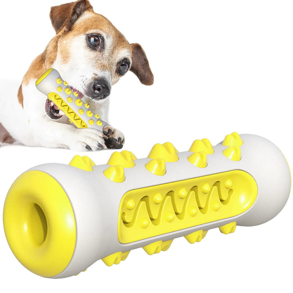 Natural rubber dog dental chew stick toy in blue, showing textured surface for teeth cleaning.