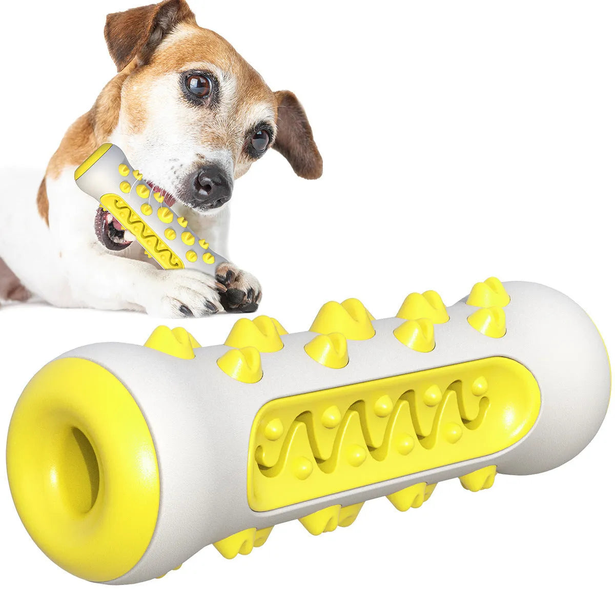 Natural rubber dog dental chew stick toy in blue, showing textured surface for teeth cleaning.