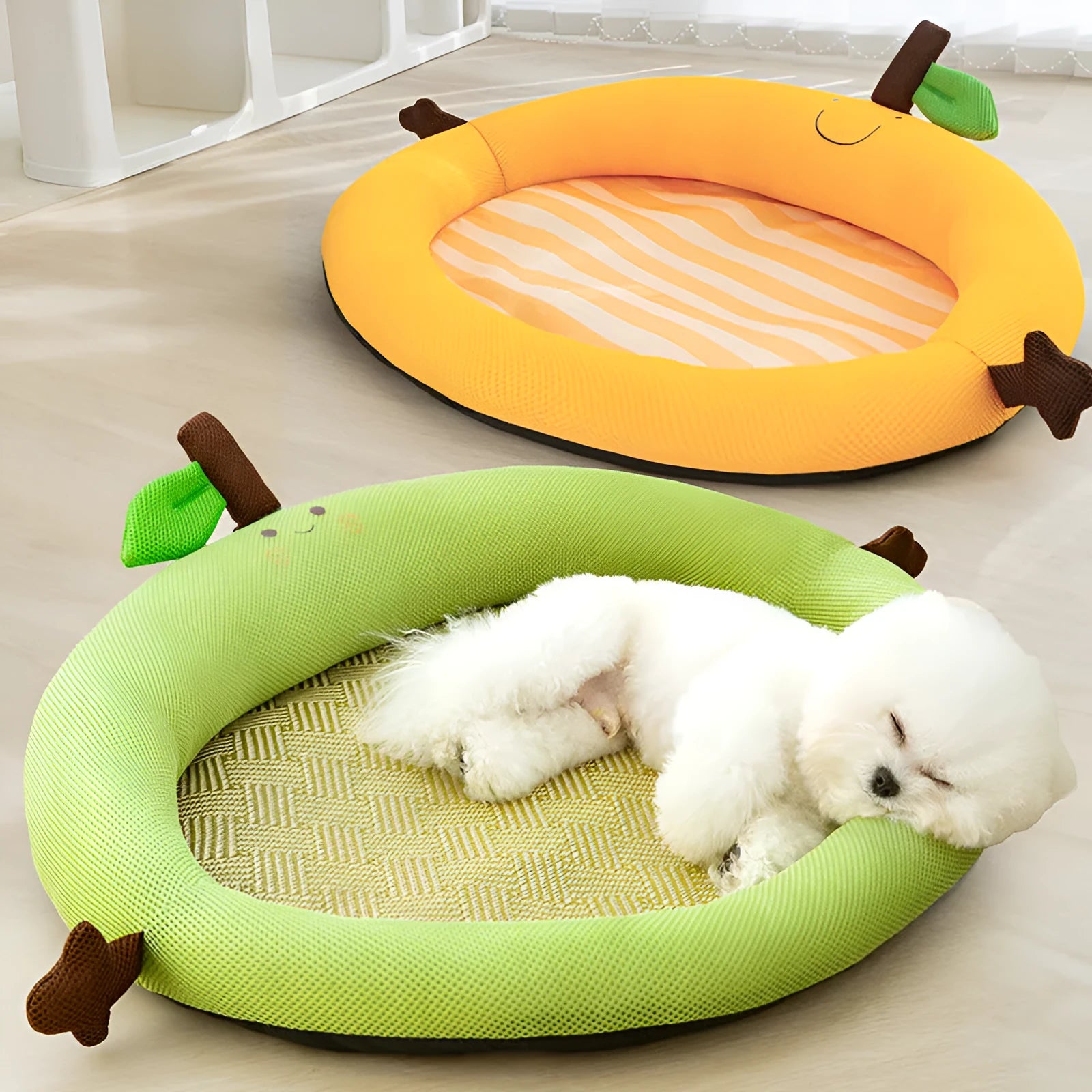 Pet cooling mat nest with fruit-shaped backrest in green colour