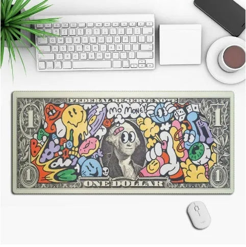 Custom anime graphic gaming mouse pad with non-slip rubber base on a wooden desk.