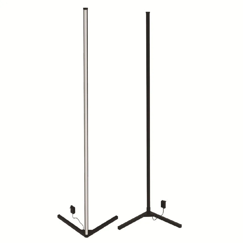 Black smart RGB floor lamp with aluminium body and silicone shade showing colour changing modes