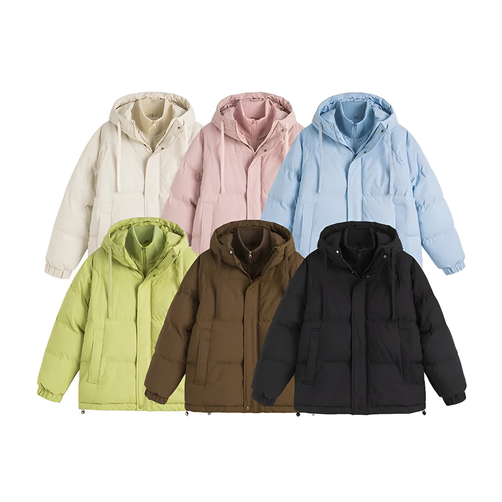 Loose-fitting padded winter jacket in a solid colour with side seam pockets and a cardigan style.