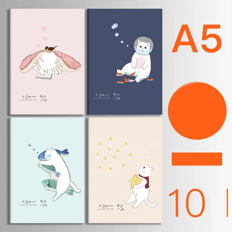 Pack of 10 A5 and B5 soft cover kraft paper notebooks with various designs, showing thread binding.