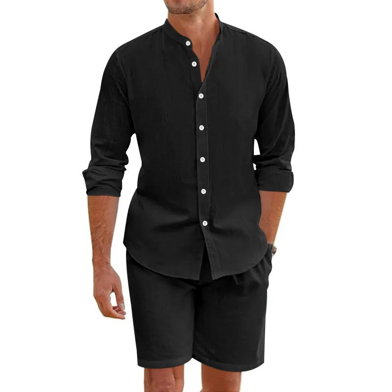 Men's summer short sleeve shirt and drawstring shorts set in hemp blend fabric