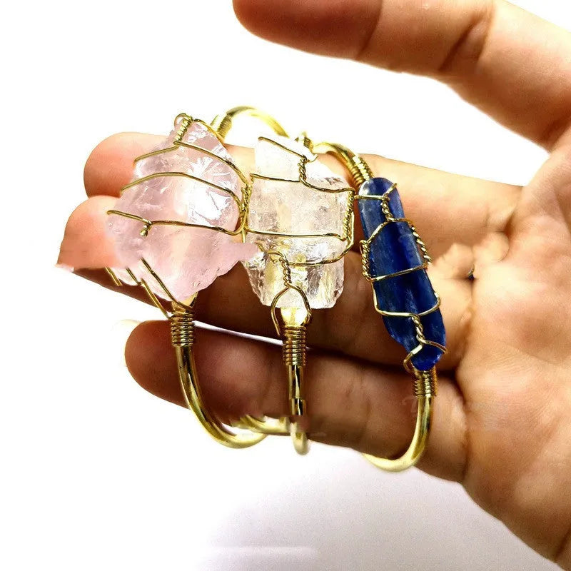 Natural crystal rough stone bracelet with gold winding geometric bohemian design